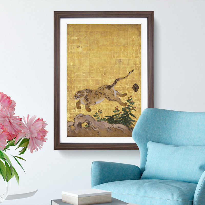 Leaping Tiger by Hashimoto Gaho - Picture Frame Painting Print, 48cm H x 36cm W x 2cm D, Walnut Framed