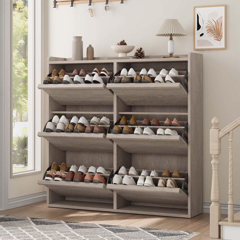 Range-chaussures avec 6 tiroirs rabattables et tablettes réglables, organisateur de rangement de chaussures caché en bois pour l'entrée, le couloir ou le salon