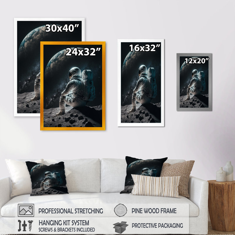 Spaceman on the Moon II - reproduction d'art sur toile, L 24 po x H 32 po, Cadre photo noir