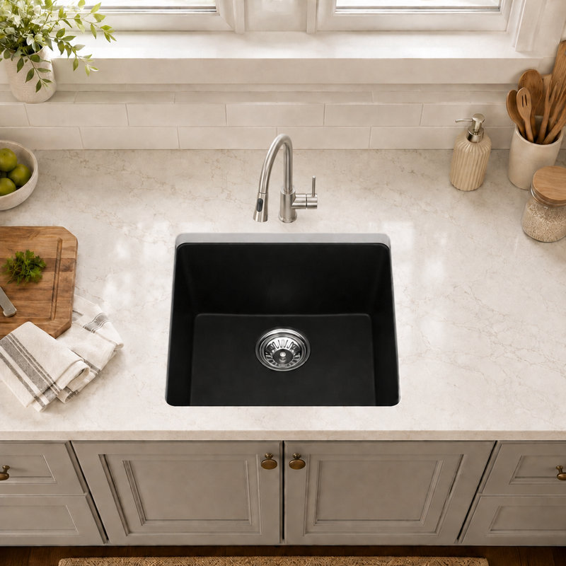 Évier de cuisine encastré en quartz noir mat 17 po x l 17 po, cuve de préparation en composite de granite avec grille d'évier, crépine et support à enrouler