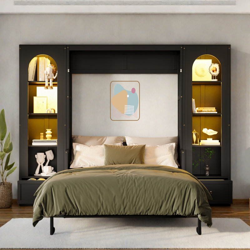 Thistle Queen Size Elegant French Style Murphy Bed With Storage And LED Lighting, Black