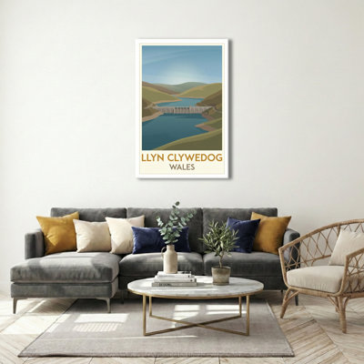 Llyn Clywedog, Wales - Romantic Reservoir and Rolling Hills Travel Poster. Giclee Print on Wrapped Canvas. Wall Art, Home Decor - Natural Landmarks, Wales 1 Piece Wrapped Canvas Wall Art