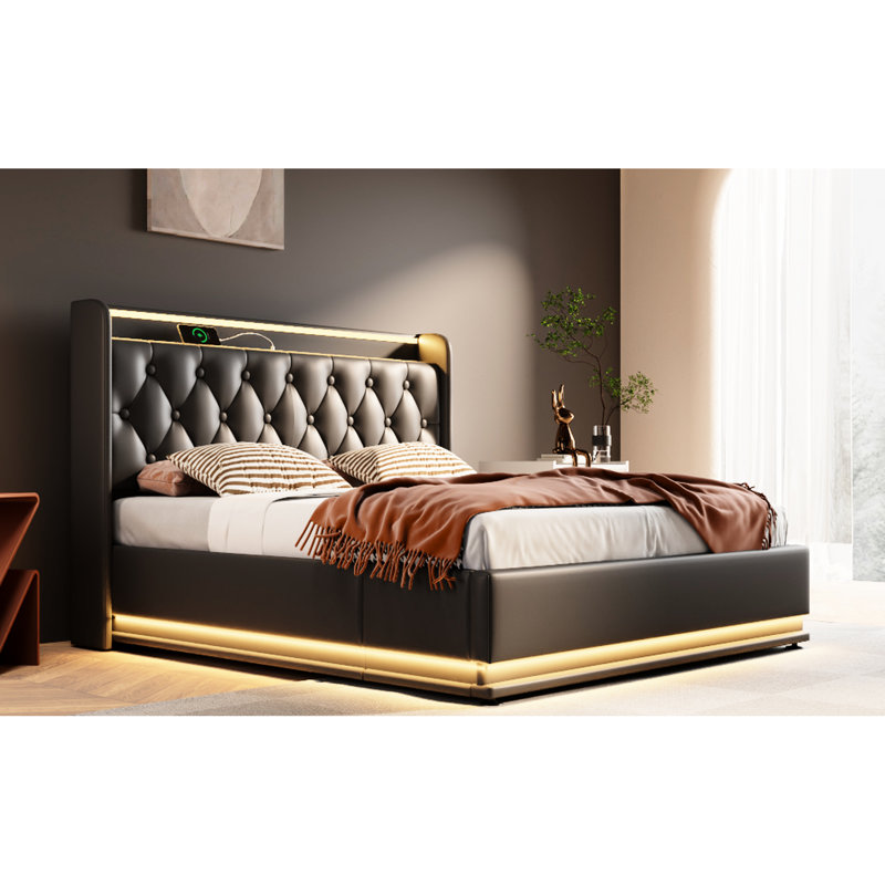 Grand lit tapissier grand format - 360 DEL, rangement hydraulique, Type-C, lit noir, charge Type-C, Pu Tempt, Noir, Grand lit