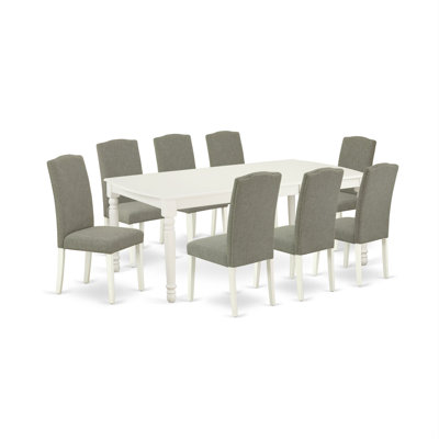 9 Piece Kitchen Table Set Includes a Rectangle Dining Table with Butterfly Leaf and 8 Dark Shitake Linen Fabric Padded Chairs, Linen White
