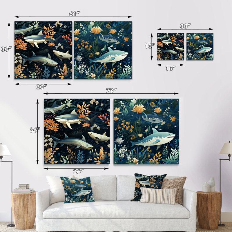 Blue And White Shark Shadows - Animals Acrylic Wall Art Glass Set Of 2, 36" H x 73" W