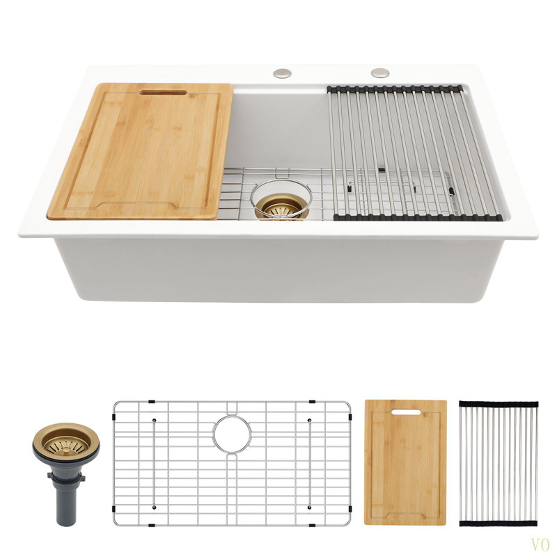 Évier de cuisine en quartz - Évier de cuisine encastré en granite 33 po x 22 po, Blanc lustré