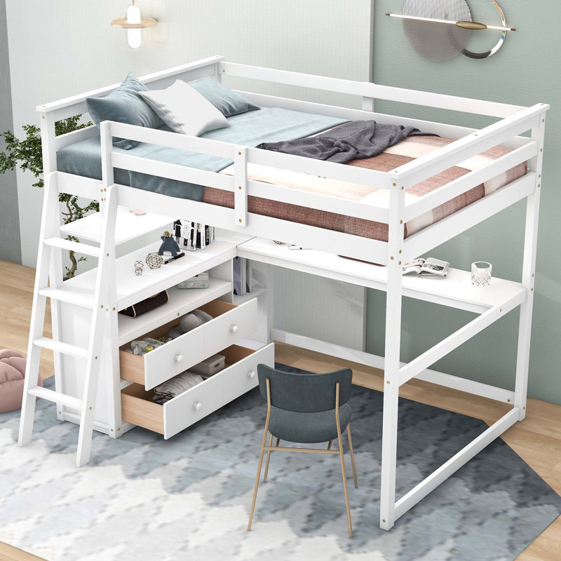 Evo 2 Drawer Loft Bed with Built-in Desk and Shelves, Twin, White 1