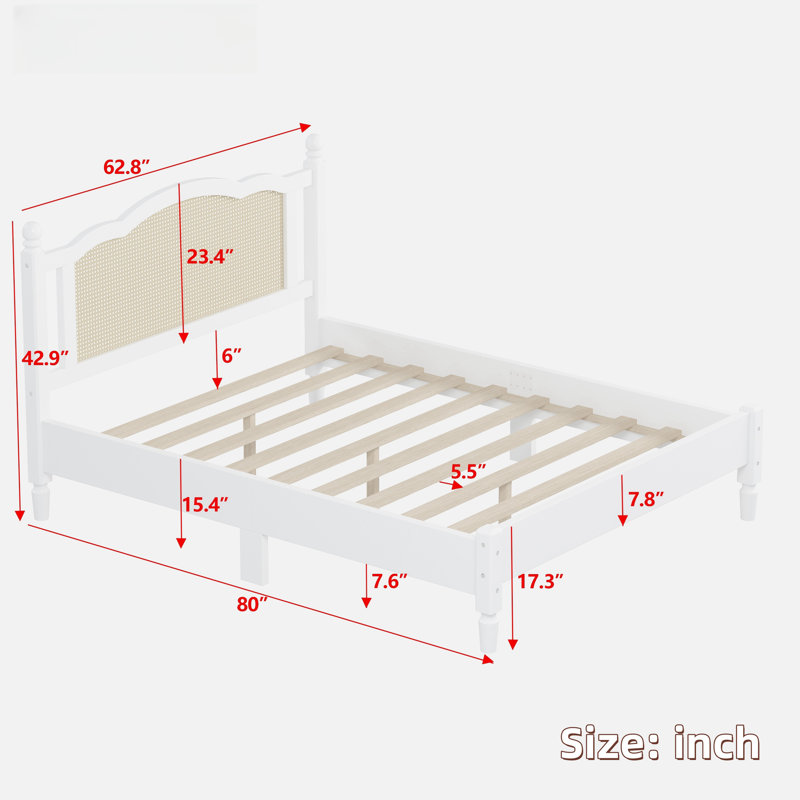 Queen White Pine Wood Platform Bed with Rattan Headboard