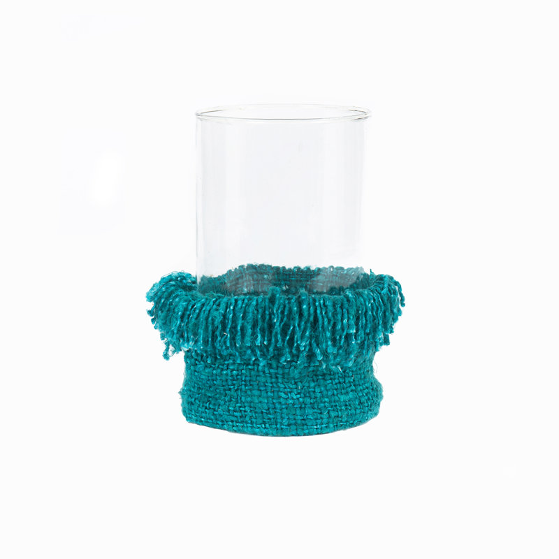 H Glass Tabletop Pillar Holder with Candle Included, 25cm H x 15cm W x 15cm D, Aqua