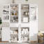 Grande armoire de rangement pour salle de bain, armoire de rangement autoportante avec quatre portes de tailles différentes et tablette réglable, conception à étagère de porte, panneau de fibres à densité moyenne avec finition peinte, blanc