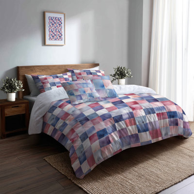 Country Farmhouse 6 Pcs Comforter Set - Patchwork Red And Blue Checker Quilt Bedding And Throw Pillow Set