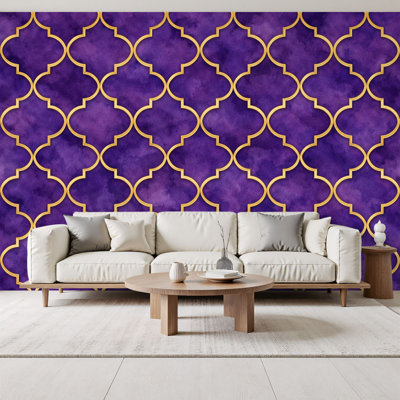 Peel and Stick Wallpaper Purple Moroccan Geometric Gold Accents Wall Murals 69"H x 96"W Removable PVC Wall Paper Self-Adhesive Wall Decor for Bedroom Living Room Home Office