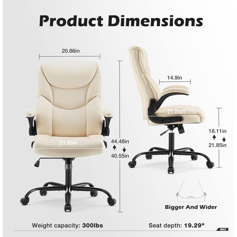 Ergonomic Office Chair - Heavy Duty Task Desk Chair with Flip-up Armrest, PU Leather, Height Adjustable & Swivel Rolling Chair