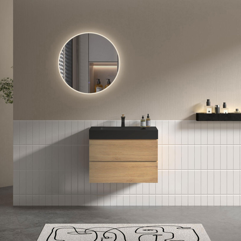 30 Inch Wall-Mounted Single Bathroom Vanity with Solid Surface Top with Overflow, Pre-Assembled, Beige, Matte Black, 30"