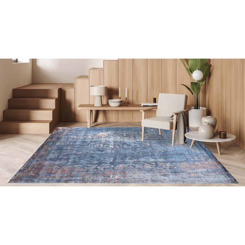 Tapis rectangulaire noué à la main bleu / rouille / gris, Rectangle 8 pi x 10 pi