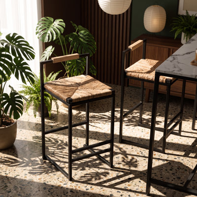 YIQIUMI 16.54" W x 15.35" D x 32.48" H Hand-Woven Water Hyacinth Metal Counter Height Bar Stool (Set of 2)
