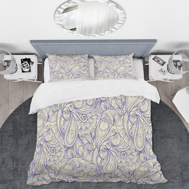 Motif de fleurs rétro mauve sur fond beige - ensemble de housse de couette moderne - microfibre de polyester