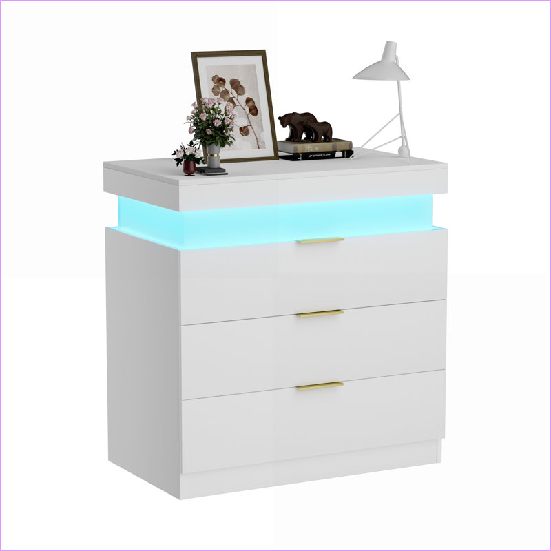 Table de chevet blanche moderne avec station de charge, DEL et tiroir coulissant - l 28,8 po x P 17 po x H 30,5 po, Blanc