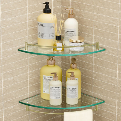Paquet de 2 tablettes d'angle flottantes en verre trempé pour salle de bain avec rail et fixation murale