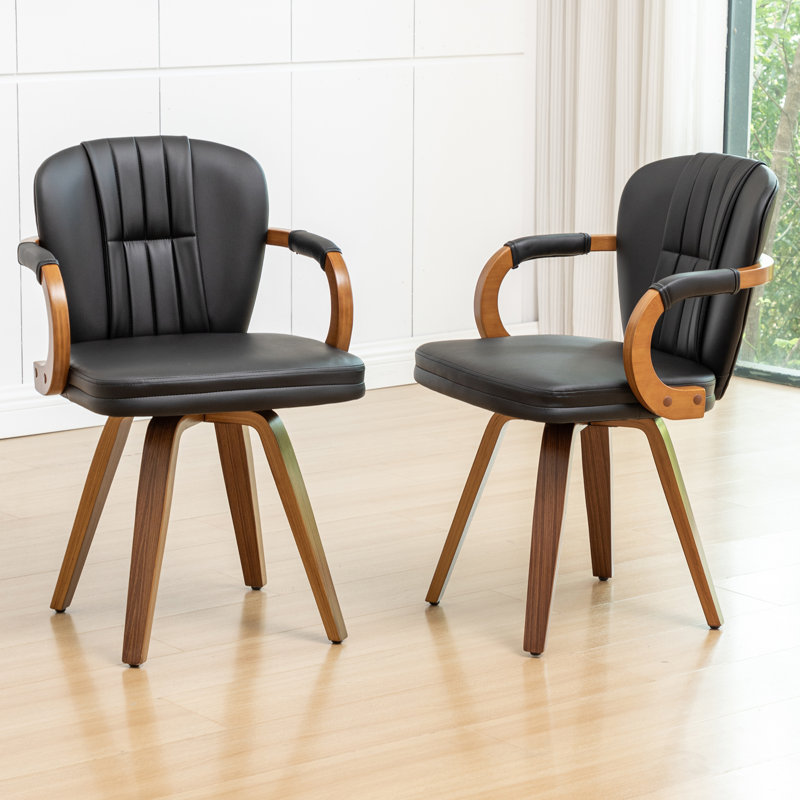Mid Century Modern Leather Upholstered Swivel Dining Chairs With Arms, Black