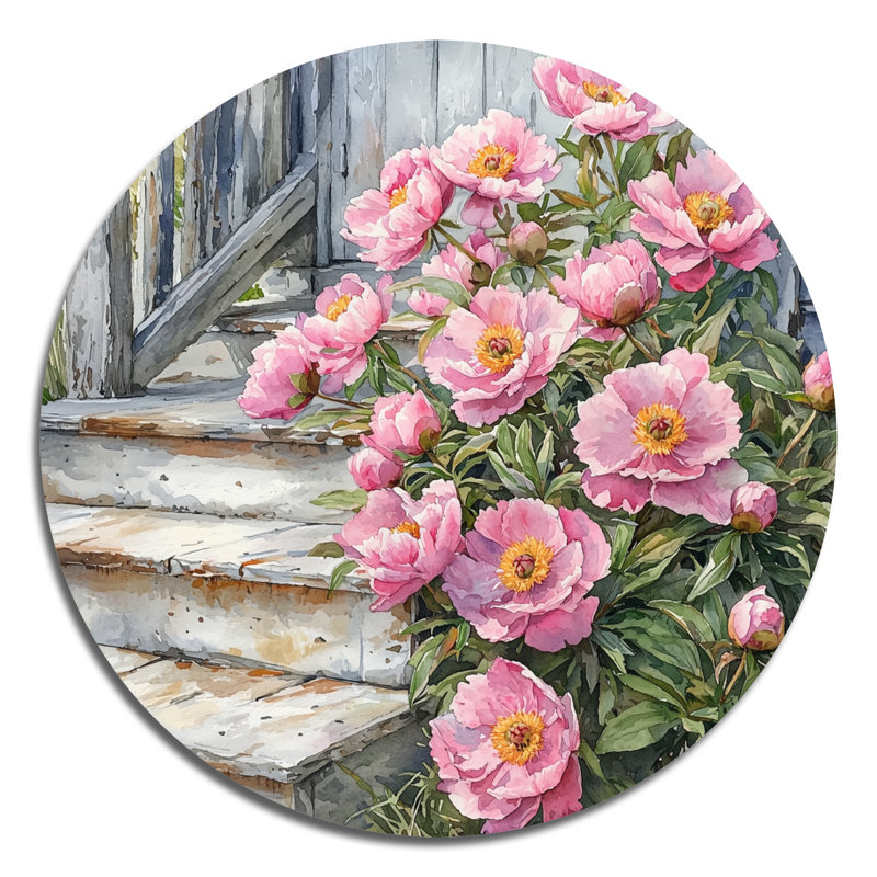 Pink Peonies By The Farmhouse Steps II - Traditional Pink Metal Wall Decor Print, 16" H x 16" W