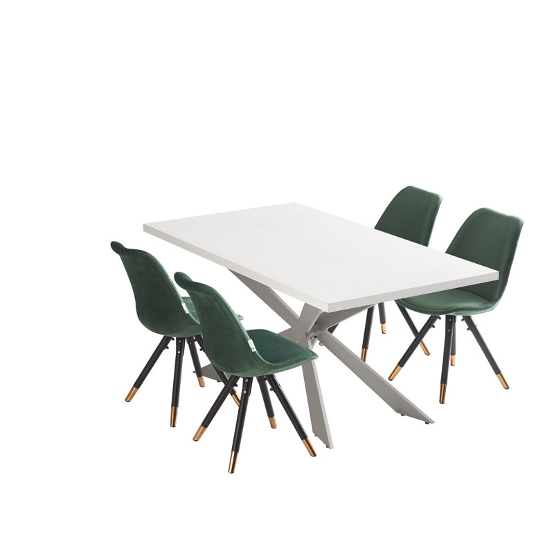 Guadelupe 4 Person Dining set - a Rectangular Wooden Dining Table with Metal Legs and a Set of 4 Quilted Velvet Dining Chairs for Dining Room - Modern Dining Table Set