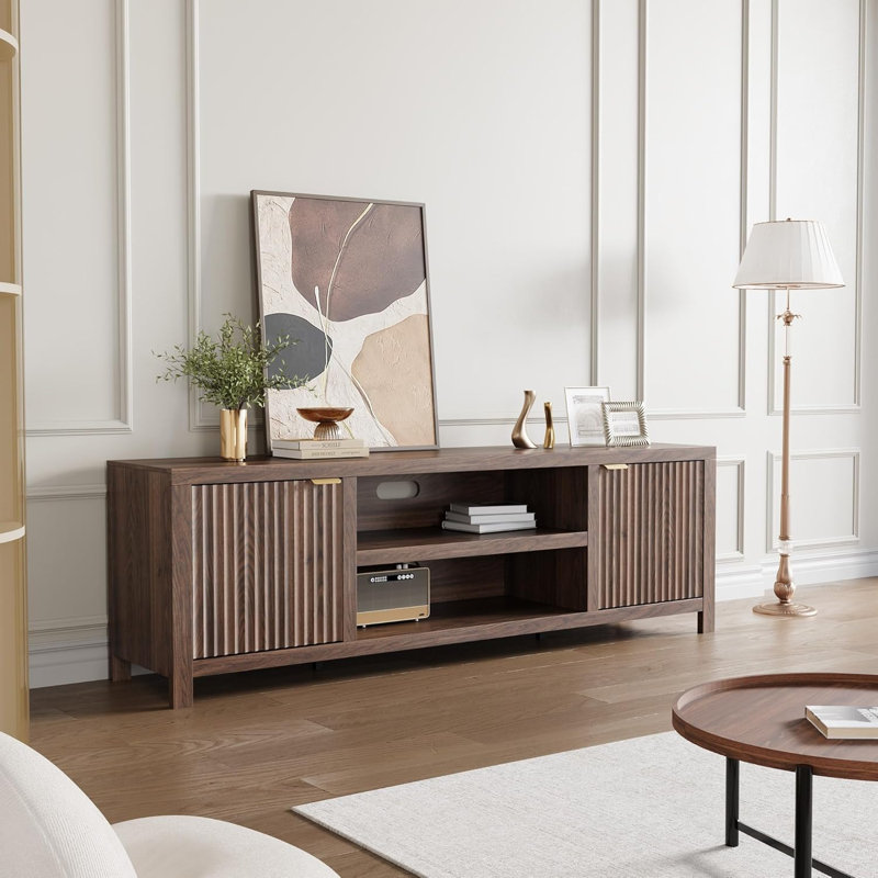 70" Wide TV Stand with Adjustable Shelves, 2-Tier Storage Media Cabinet for Living Room, Walnut