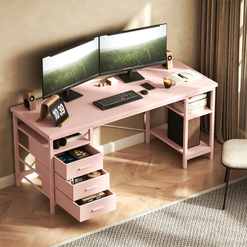 Metal Base Computer Desk, 75cm H x 140cm W x 60cm D, Pink/Pink