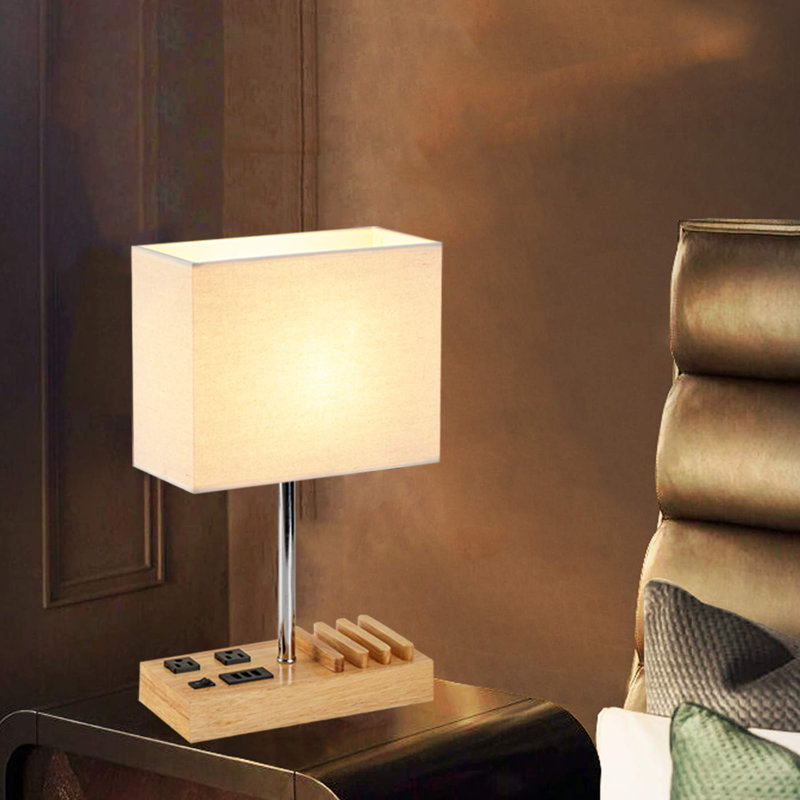 Desk Lamp With 3 USB Charging Ports, Table Lamp With 2AC Outlets And 3 Phone Stands, Nightstand Bedside Lamp With Natural Wooden Base And Cream Linen Shade
