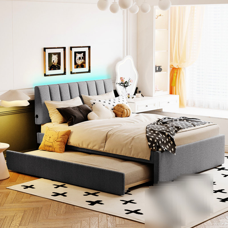 Functional Upholstered Platform Bed With Gray Fleece And Twin Trundle Brilliant, Full