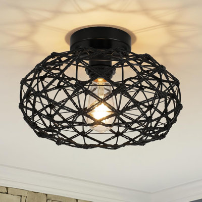 Woven Wicker Semi Flush Mount Ceiling Light Fixture, Coastal Boho Rattan Lamp For Bedroom, Kitchen, Hallway, Entryway, Farmhouse Decor