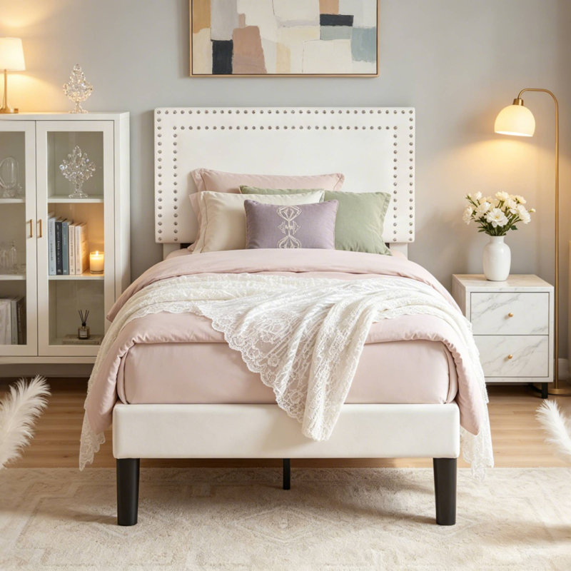 Ensemble de 2 lit plateforme simple tapissier blanc Aldora avec tête de lit réglable capitonnée, lit simple silencieux avec rangement sous le lit de 8 pouces