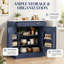 Meuble de rangement de cuisine autoportant de style campagnard, buffet/bar à café avec tiroir, 2 étagères réglables et double porte pour cuisine/salle à manger, bleu