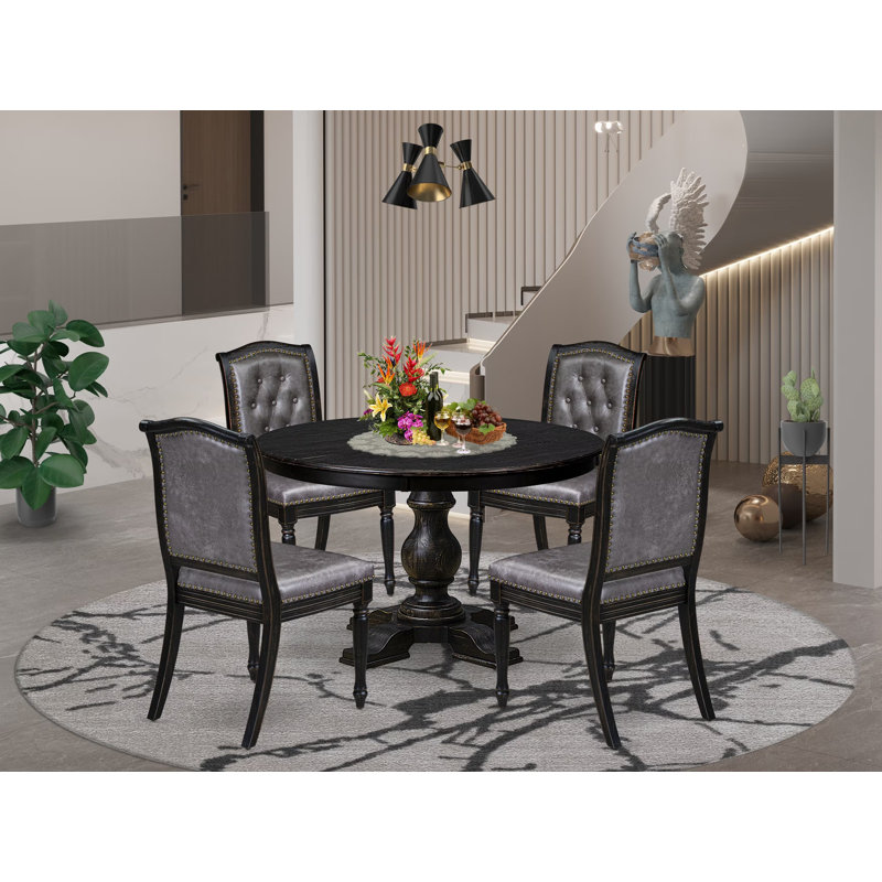 Cet ensemble de salle à manger moderne 5 pièces se compose d'une table et de 4 chaises de salle à manger modernes en tissu de polyester gris foncé avec dossier capitonné - Noir sablé