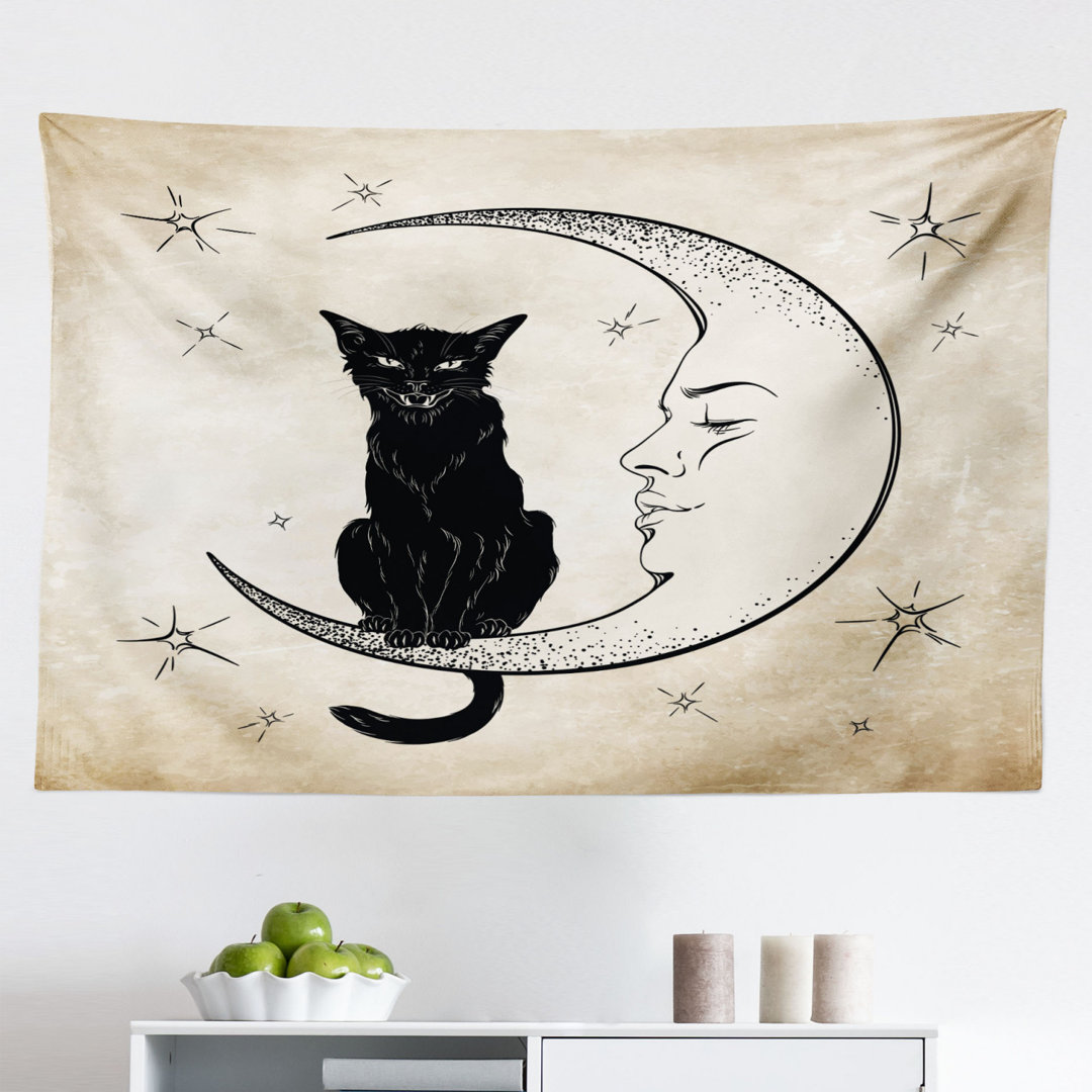 Wandteppich, Black Cat Siting auf Mond, Mond, Sand Braun Schwarz