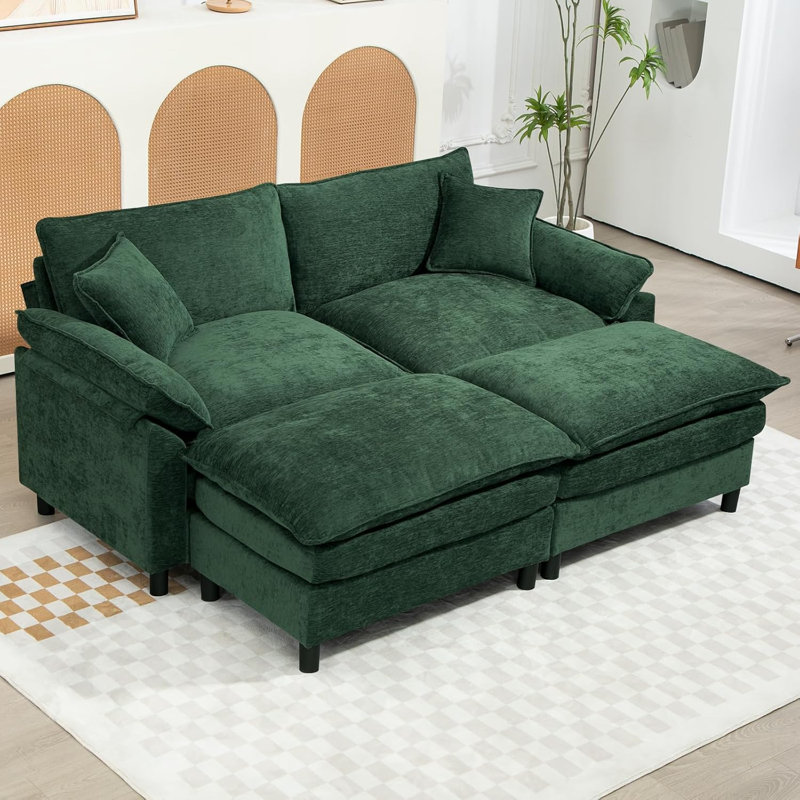 Upholstered U-Shape Sectional With Two Ottomans, 34.6" H x 80" W x 57.8" D, Green Chenille