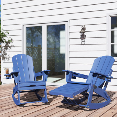 Hdpe Adirondack Folding Rocking Chair With Retractable Ottoman And Cup Holders