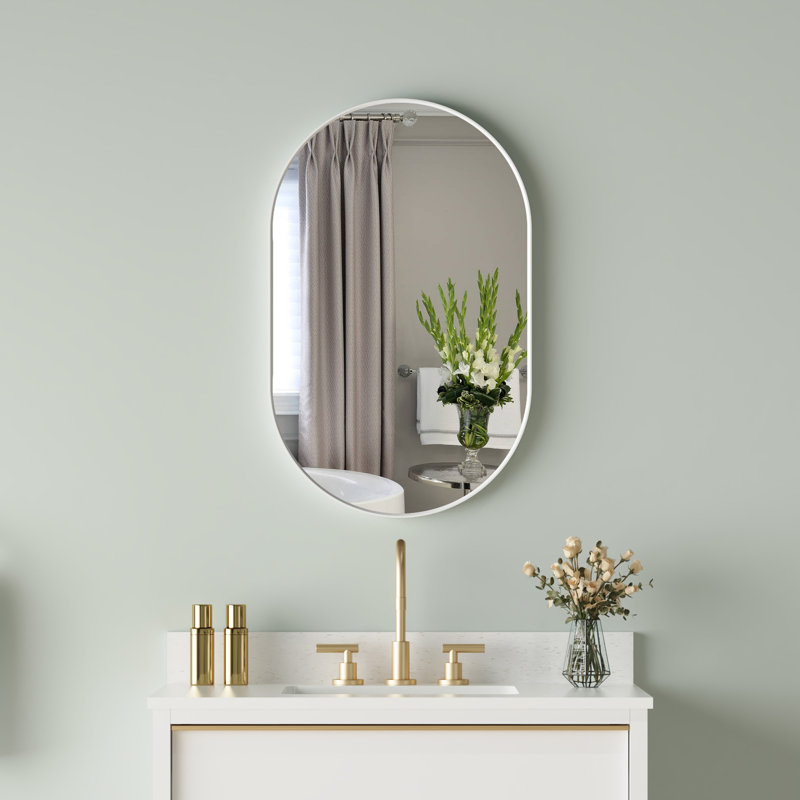 Bathroom Wall Mounted Oval Metal Framed Mirror, 32" x 20", White