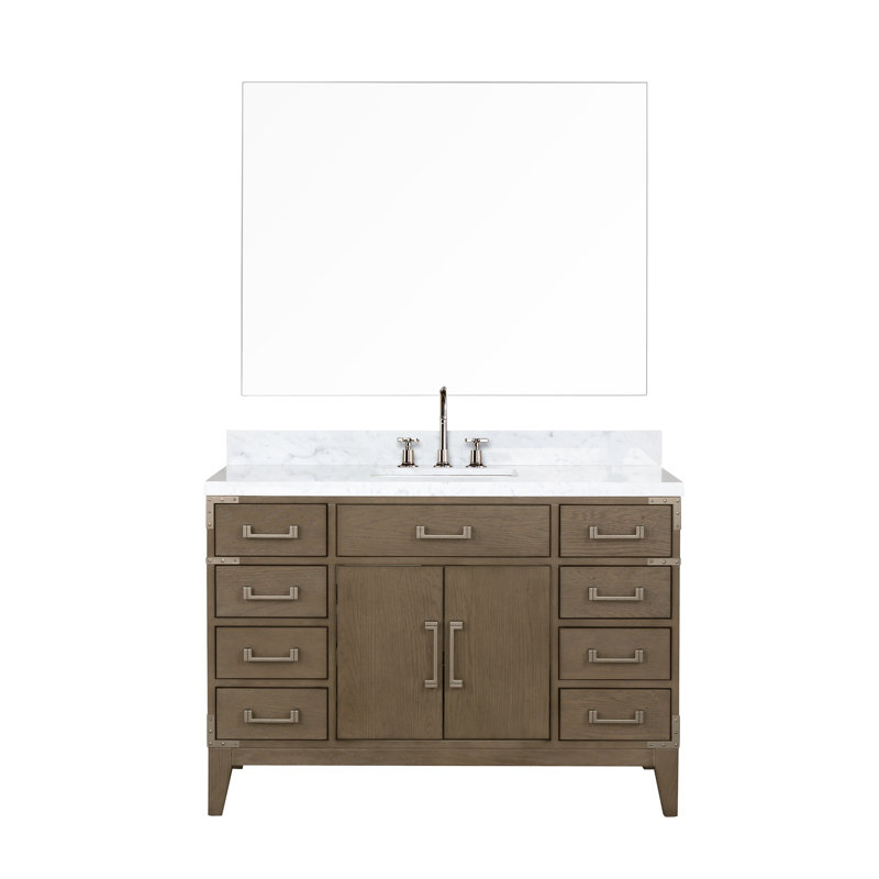 Laurel 48 in W x 22 in D Single Bath Vanity Mirror and Faucet Set, White Carrara Marble, Brown Oak
