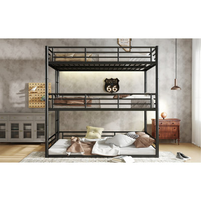 Full over Full over Full Bunk Bed, Metal Triple Bunk Bed with Safety Guardrails, Heavy-duty Bunk Bed with Noise-reduced Design, Black