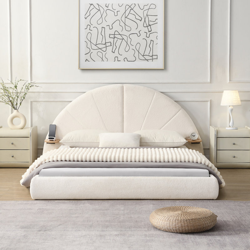 Queen Upholstered Arched Bouclé Bed with Side Table, Beige