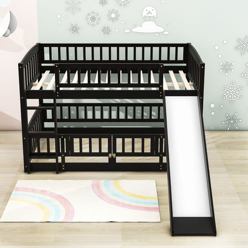 Harveen Wooden Bunk Bed with Slide and Fence by Harriet Bee, Full over Full, Espresso