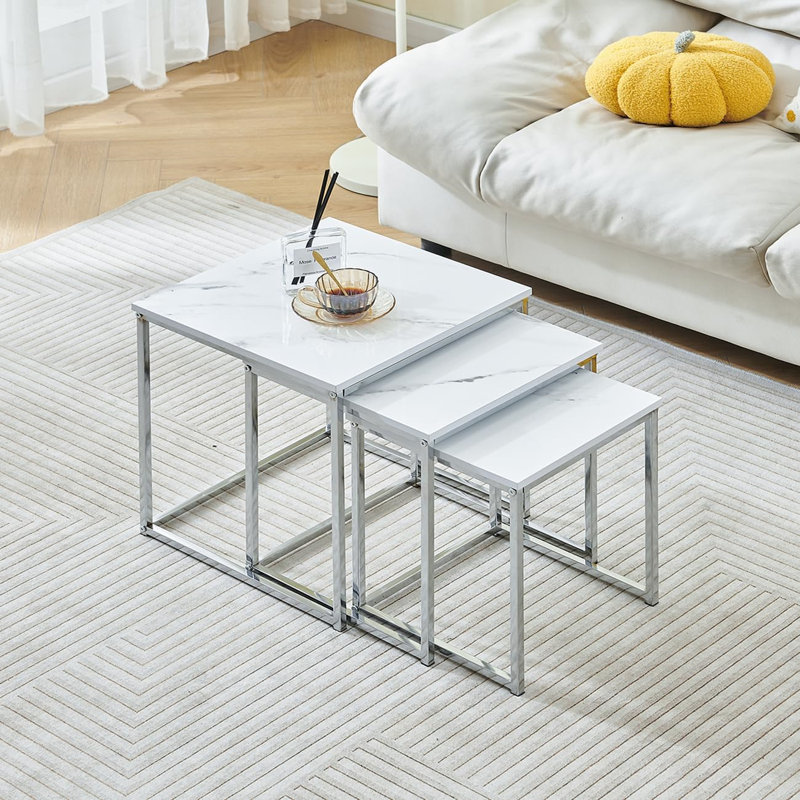 Living Room Nesting Coffee Table Set Of 3 High Glossing Marble Effect, Small Square Side Sofa Table 3 In 1 Nested Table Corner Little End Table Stackable Wood Tabletop With Chrome Frame 