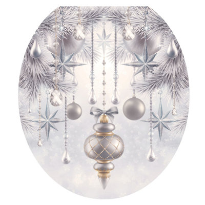 Holiday Silver Ornaments Toilet Seat Decal – Toilet Tattoos Static Cling Vinyl Cover Fits Round & Elongated Seats