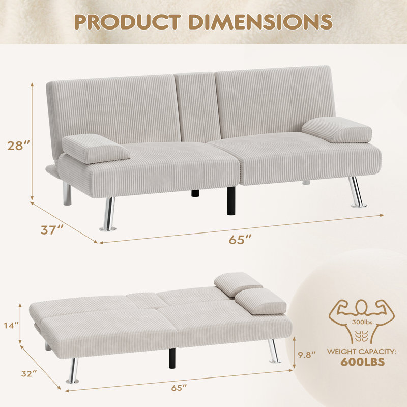 Preas 65'' Upholstered Convertible Sofa, White