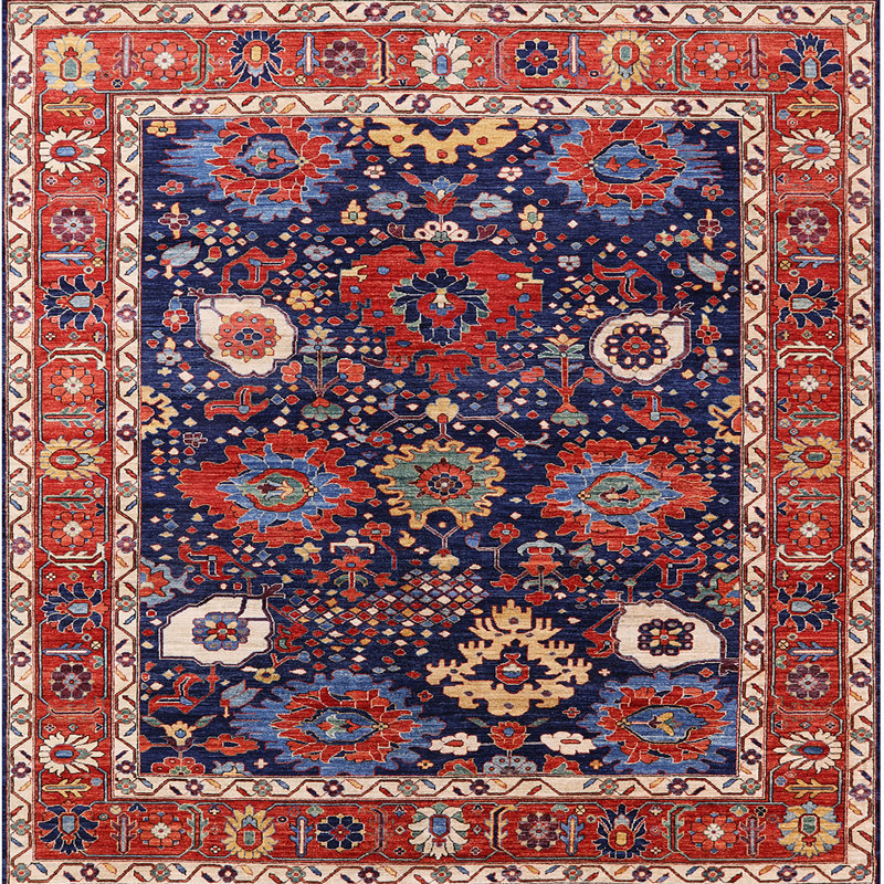 Tapis brun / rouge / bleu, Carré 4 pi