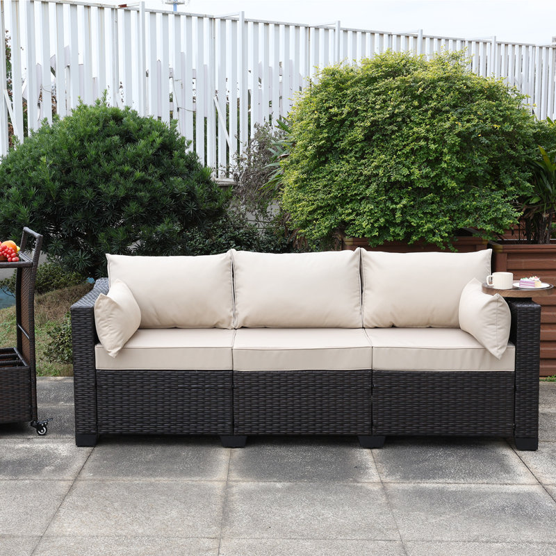 Ailina 79'' Wide Outdoor Wicker Patio Sofa with Anti-slip Cushions and Waterproof Cover, Khaki