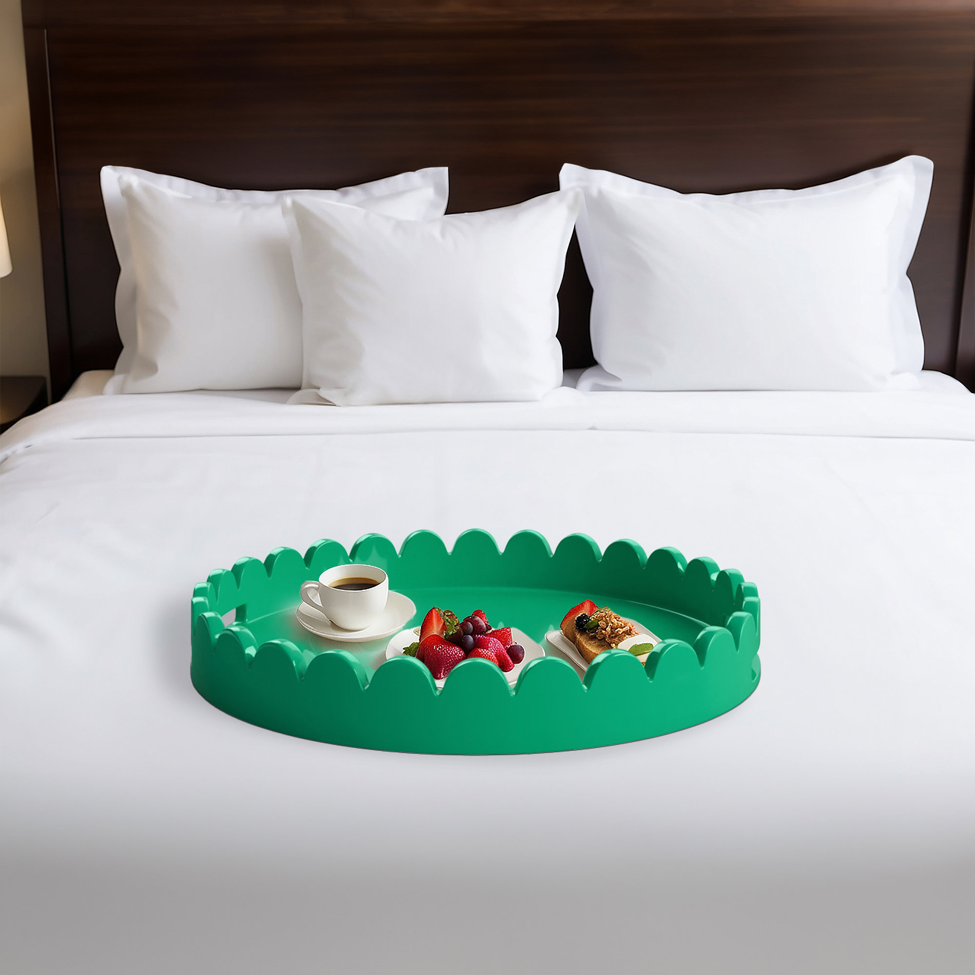Effa Hand-Crafted Round Scalloped Wood Tray, Emerald Green