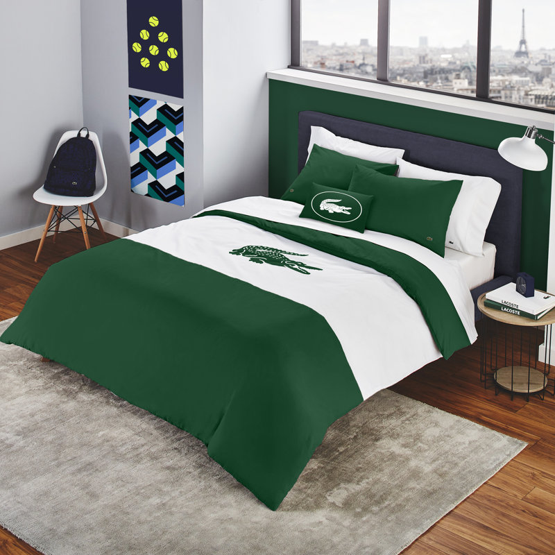 Lacoste Crew 100% Cotton Comforter Set, Soft Breathable All-Season with Embroidered Crocodile, Full/Queen 4-Piece Green