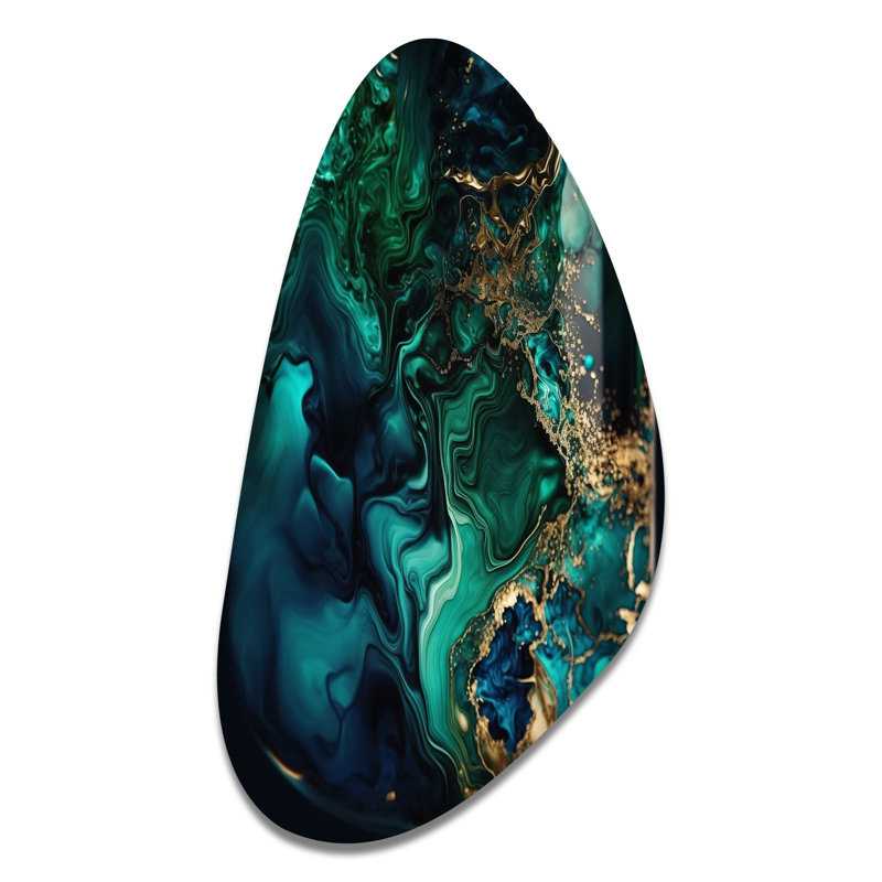 Géode abstraite marbre vert et bleu II - impression asymétrique en marbre sur métal, décoration murale moderne de forme unique en métal